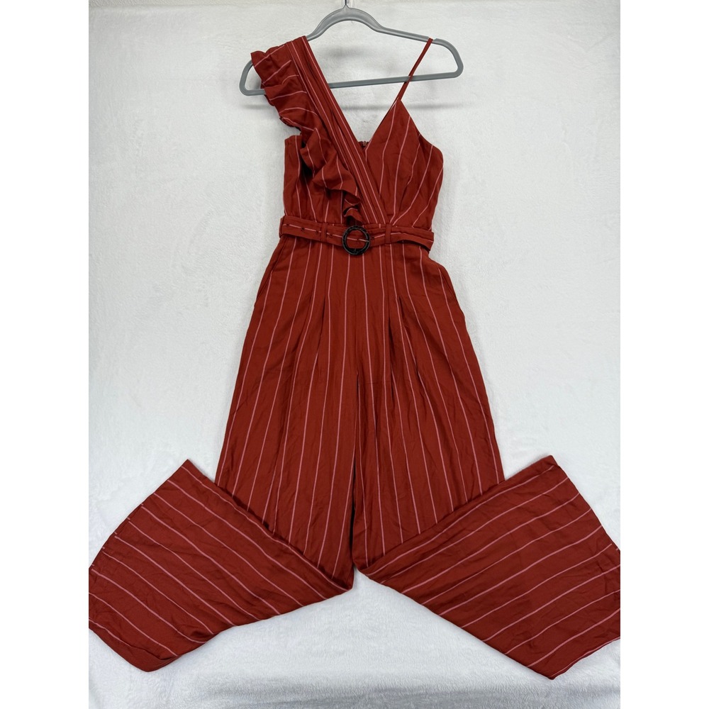 Womens Ruffle One Shoulder Wide Leg Striped Jumpsuit Rust Sz 0 XXXS